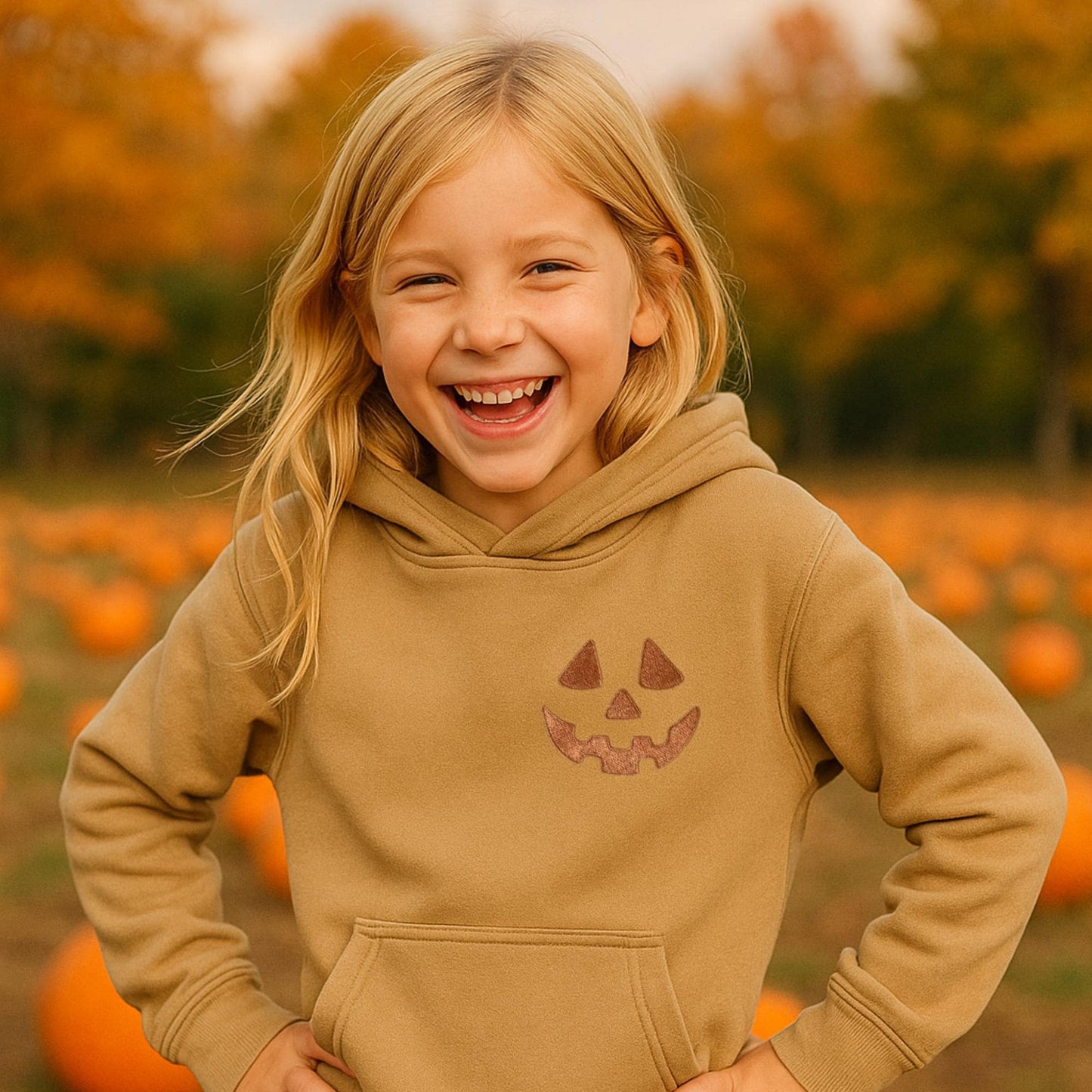 Youth Unisex Embroidered Jack O' Lantern Face Hoodie: Pigment Dyed Halloween Pullover