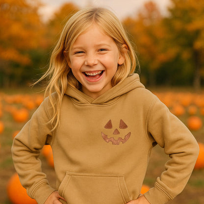 Youth Unisex Embroidered Jack O' Lantern Face Hoodie: Pigment Dyed Halloween Pullover