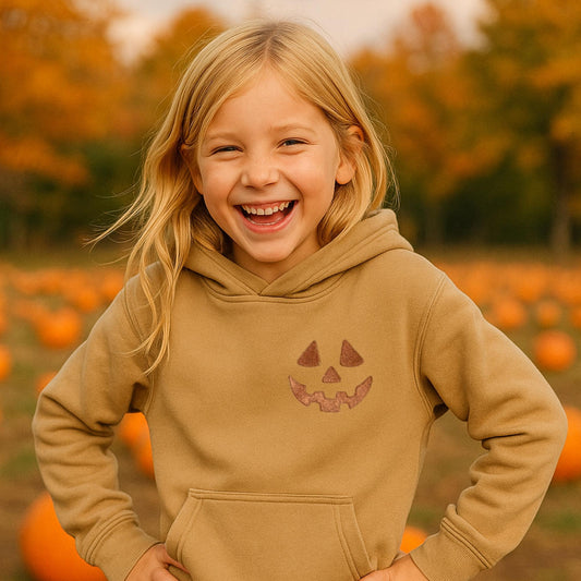 Youth Unisex Embroidered Jack O' Lantern Face Hoodie: Pigment Dyed Halloween Pullover
