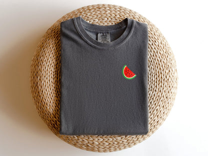 Embroidered Minimalist Watermelon T-shirt: Garment Dyed Fruit Tee