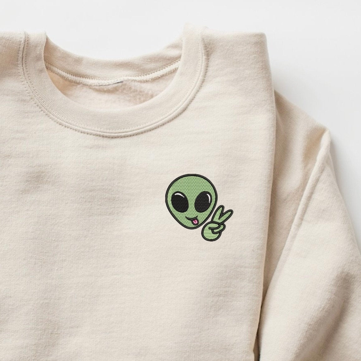 Embroidered Alien Peace Sign Sweatshirt: Cosmic Crewneck Pullover