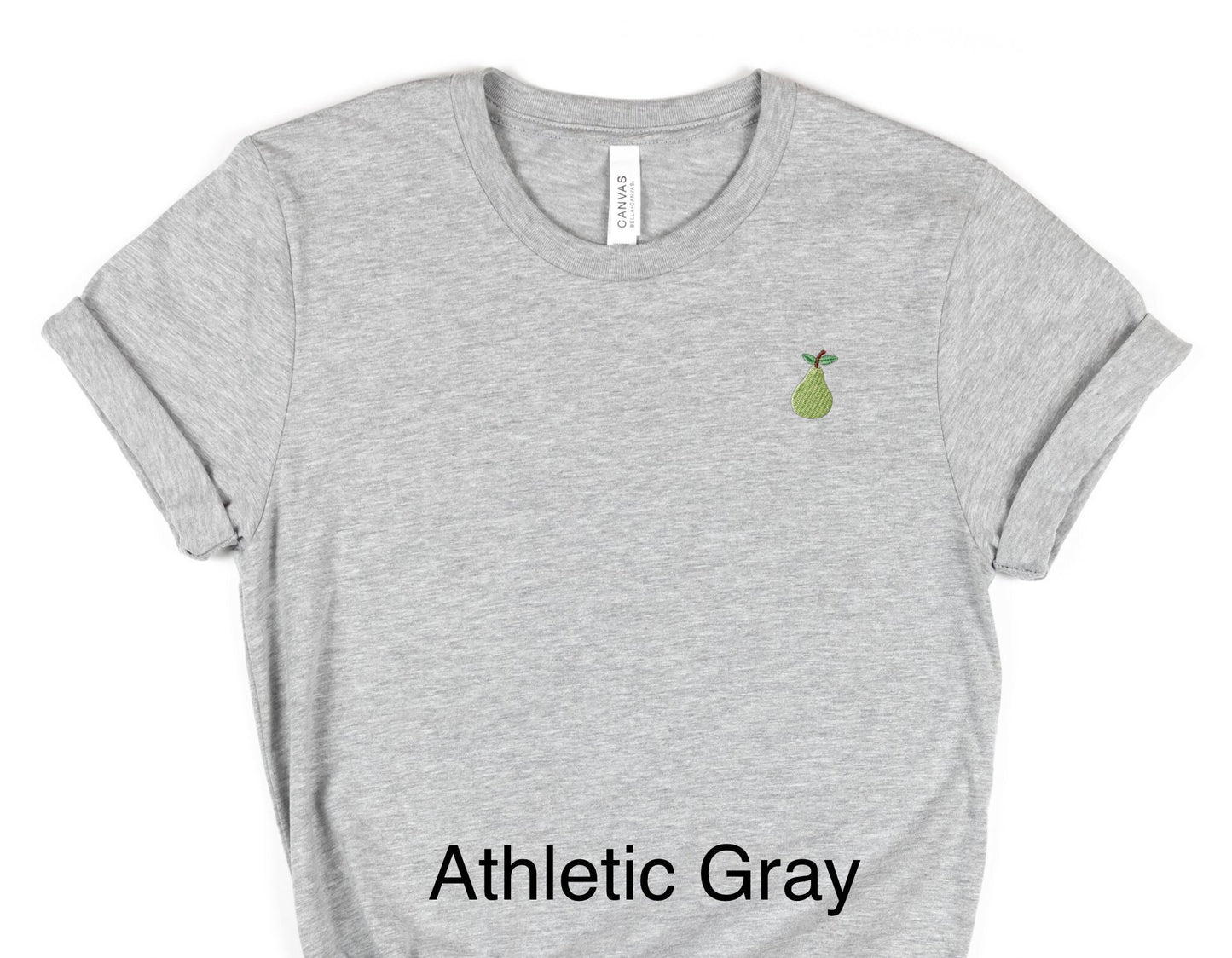 Embroidered Unisex Pear T-Shirt: Stitched Minimalist Mini Fruit Tee