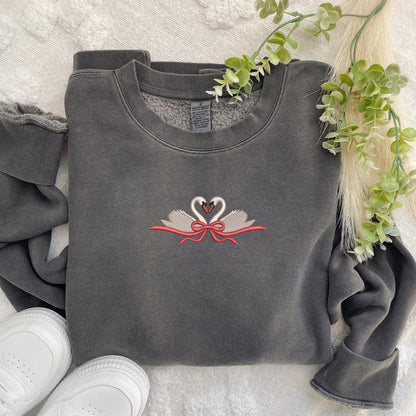 Embroidered Swan Couples Sweatshirt: Coquette Bow Pullover, Romantic Gift