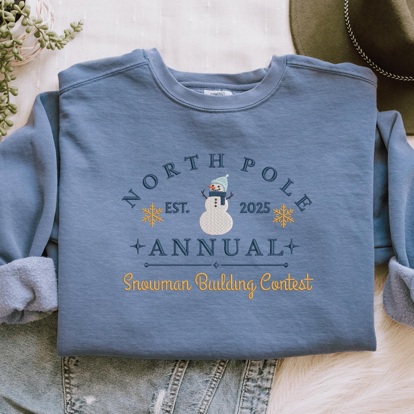 Embroidered Snowman Sweatshirt: Pigment-Dyed North Pole Contest Pullover