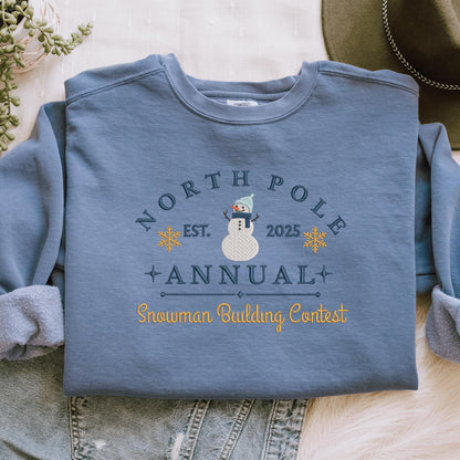 Embroidered Snowman Sweatshirt: Pigment-Dyed North Pole Contest Pullover