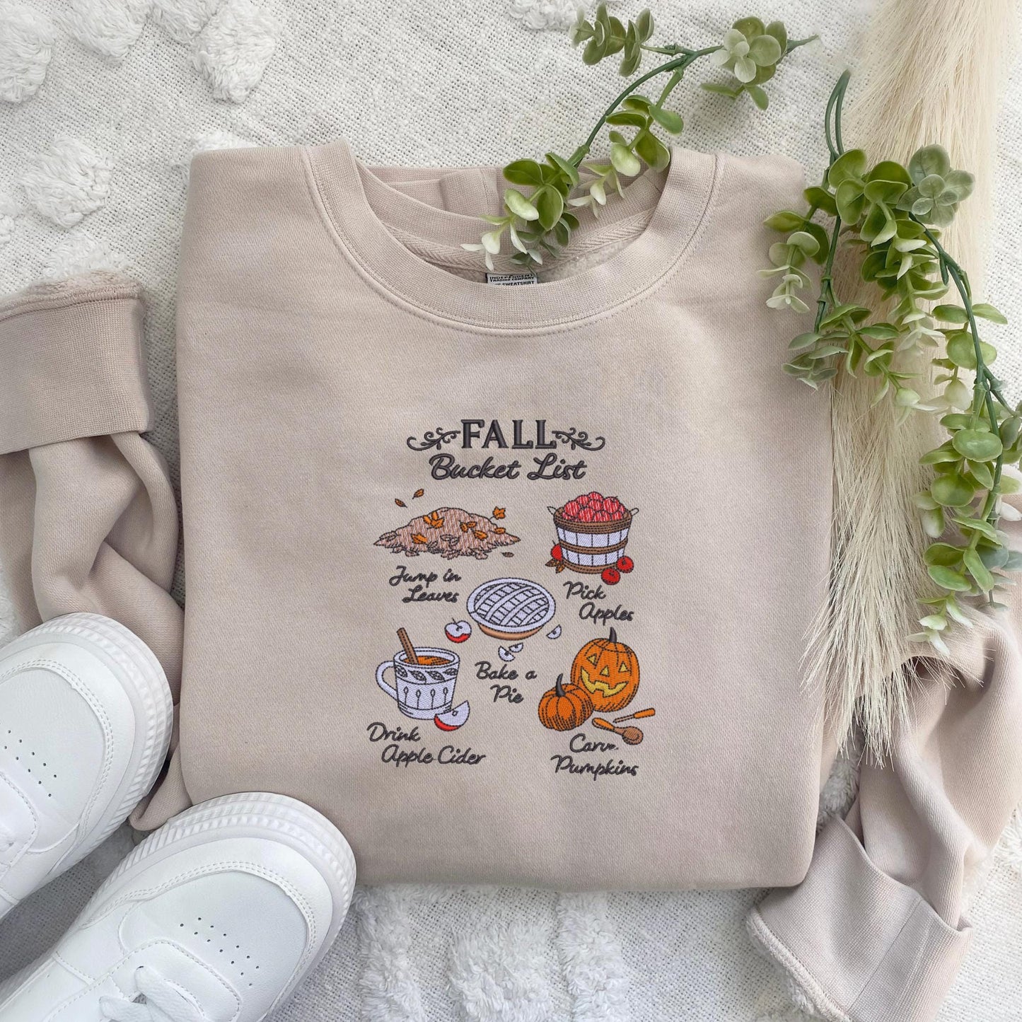 Embroidered Fall Bucket List Pigment Dyed Crewneck Sweatshirt: Trendy Cozy Season Sweater