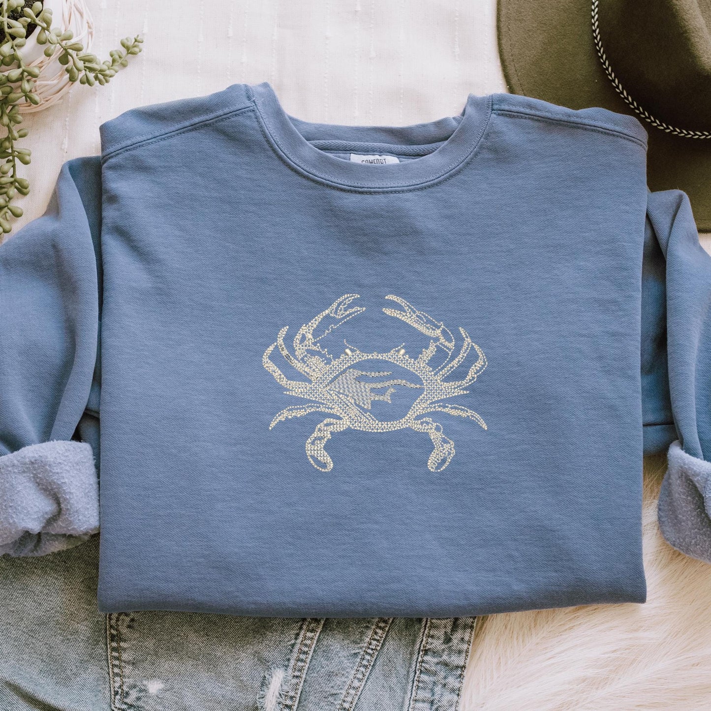 Embroidered Crab Sweatshirt: Pigment-Dyed Coastal Crewneck