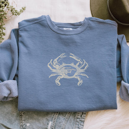 Embroidered Crab Sweatshirt: Pigment-Dyed Coastal Crewneck
