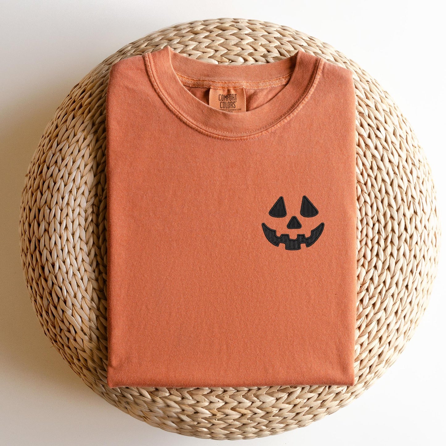 Embroidered Pumpkin Face T-Shirt: Pigment Dyed Halloween Tee