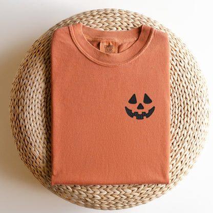 Embroidered Pumpkin Face T-Shirt: Pigment Dyed Halloween Tee