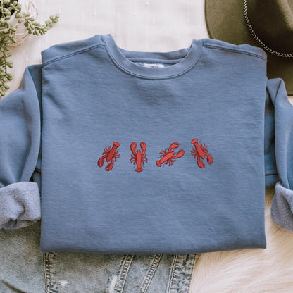 Embroidered Lobster Crewneck Sweatshirt: Pigment-Dyed Coastal Style