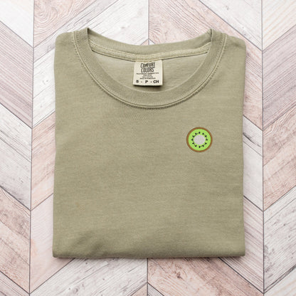Embroidered Kiwi T-shirt: Garment-Dyed Minimalist Fruit Tee