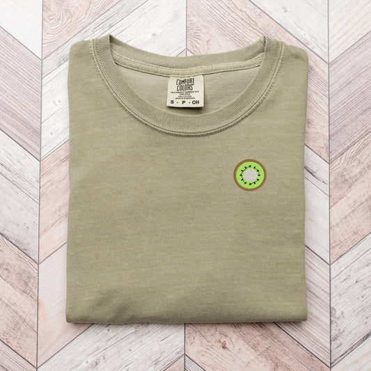 Embroidered Kiwi T-shirt: Garment-Dyed Minimalist Fruit Tee
