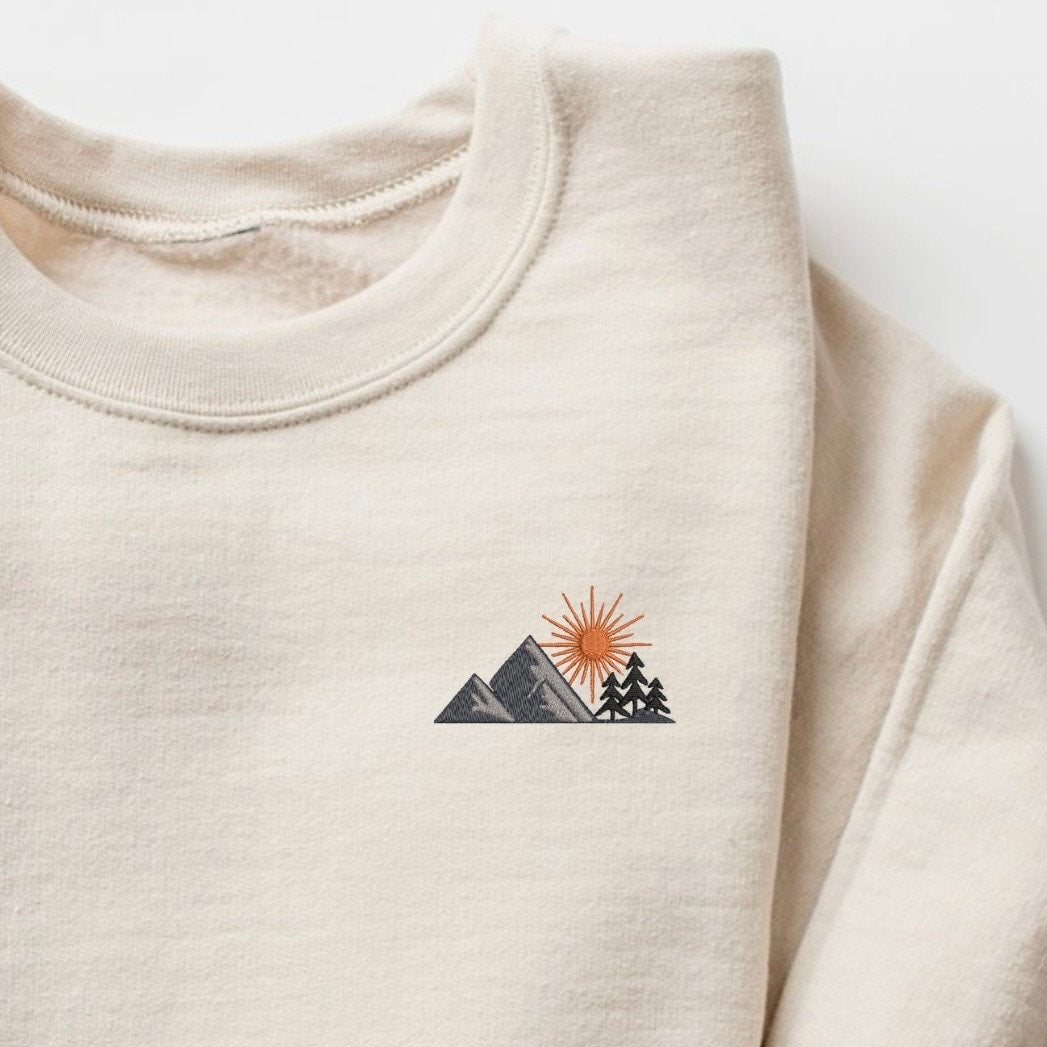 Embroidered Mountain Sunset Sweatshirt: Nature Lover Pullover