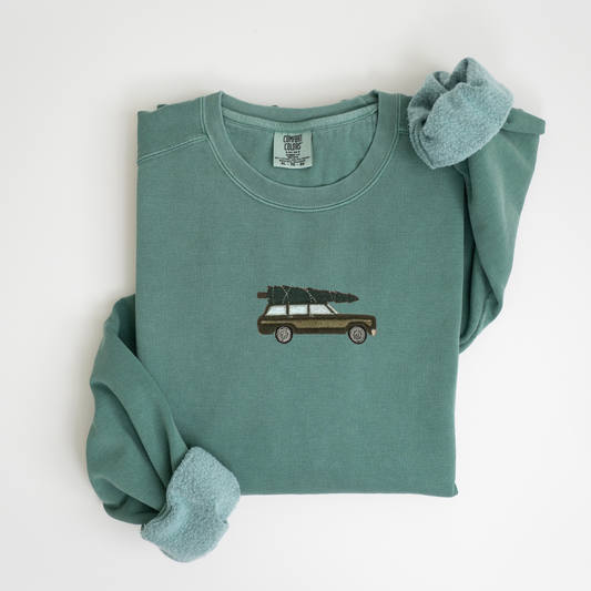 Embroidered Station Wagon Carrying Christmas Tree Pigment Dyed Crewneck Sweatshirt: Christmas Vacation Station Wagon