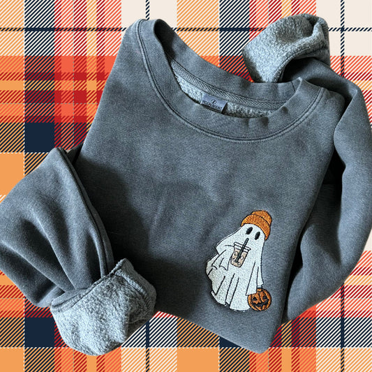 Embroidered Coffee Drinking Ghost Sweatshirt: Pigment-Dyed Halloween Pullover
