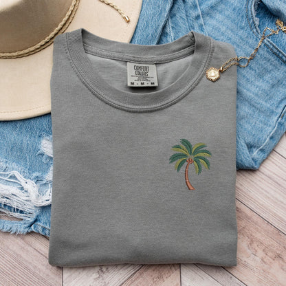 Embroidered Palm Tree T-Shirt: Pigment-Dyed Coastal Tee