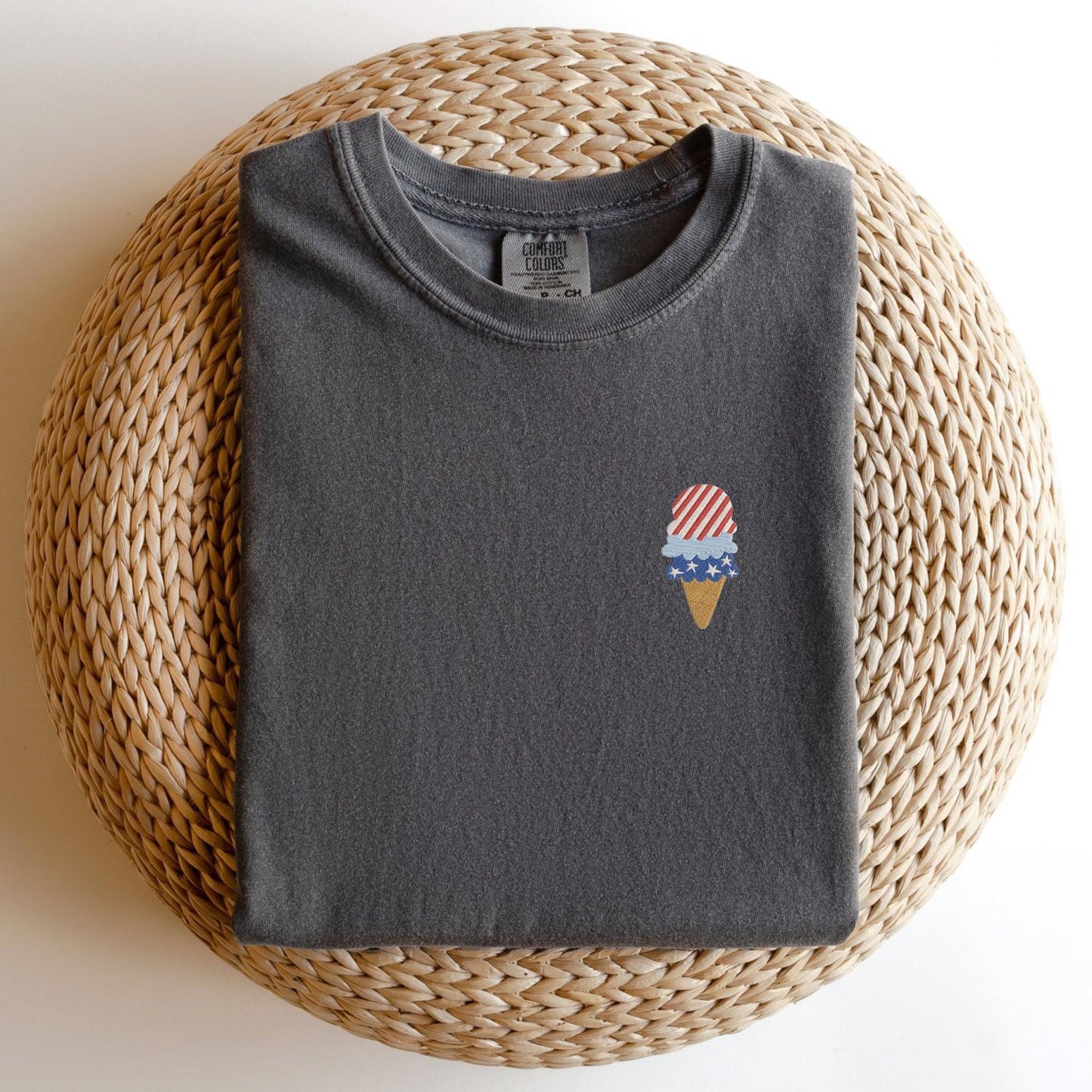 Embroidered 4th of July T-shirt: Red, White, and Blue Ice Cream Cone