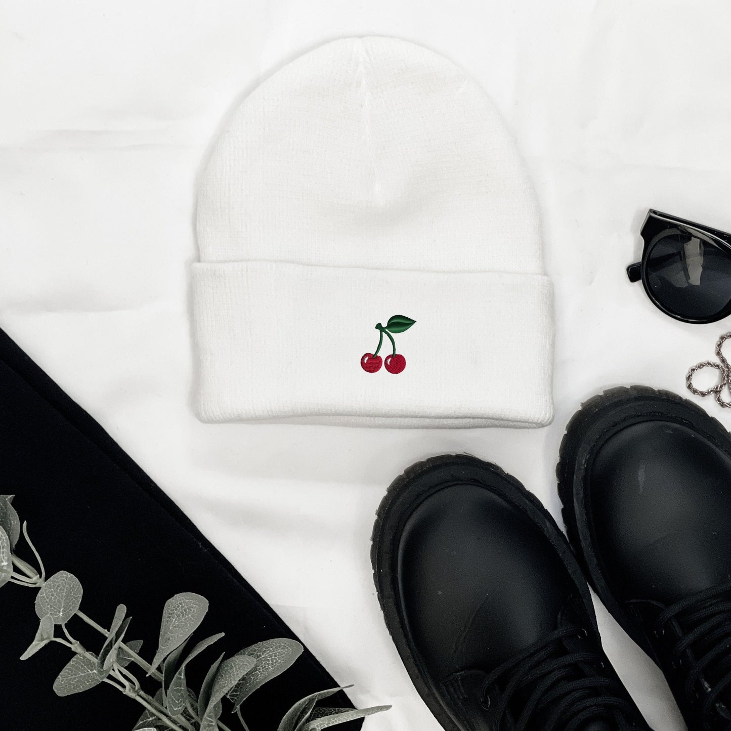 Embroidered Cherry Beanie: Mini Fruit Skull Ribbed Knit Hat