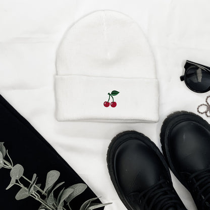 Embroidered Cherry Beanie: Mini Fruit Skull Ribbed Knit Hat