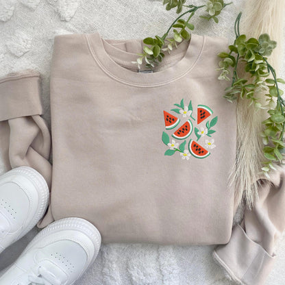 Embroidered Floral Watermelon Sweatshirt: Pigment-Dyed Floral Crewneck
