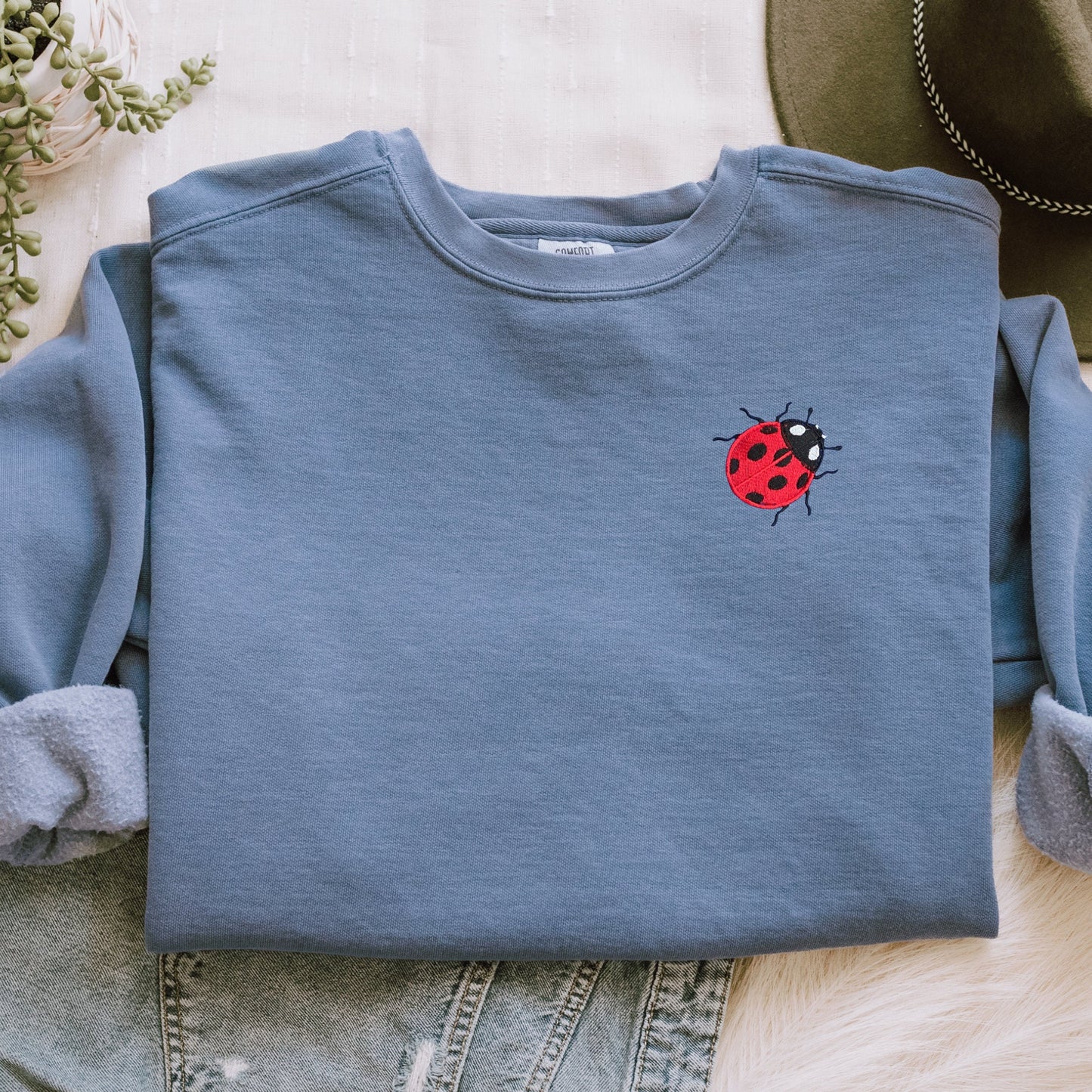 Embroidered Ladybug Sweatshirt: Comfort Colors Garment-Dyed Sweater