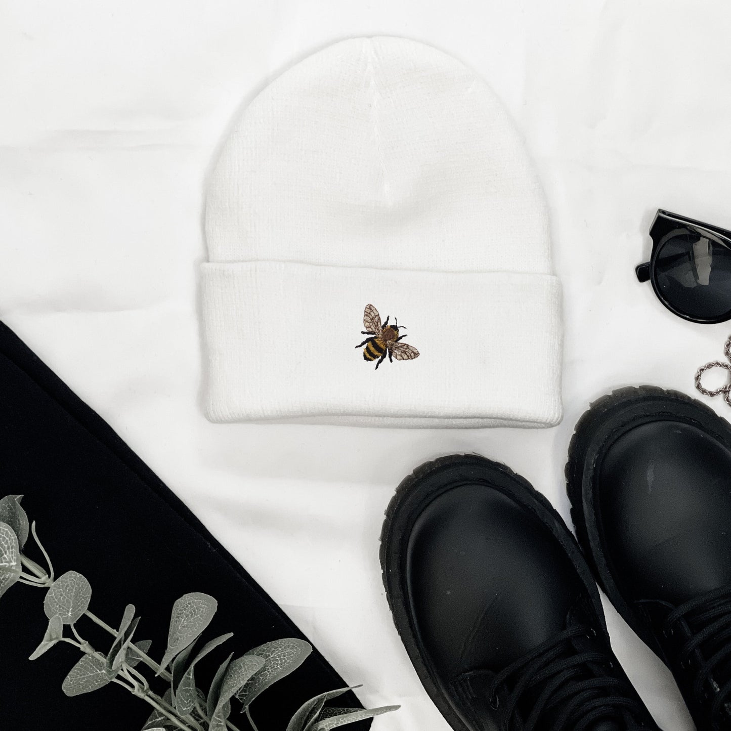Embroidered Minimalist Honeybee Beanie: Nature Knit Skull Hat