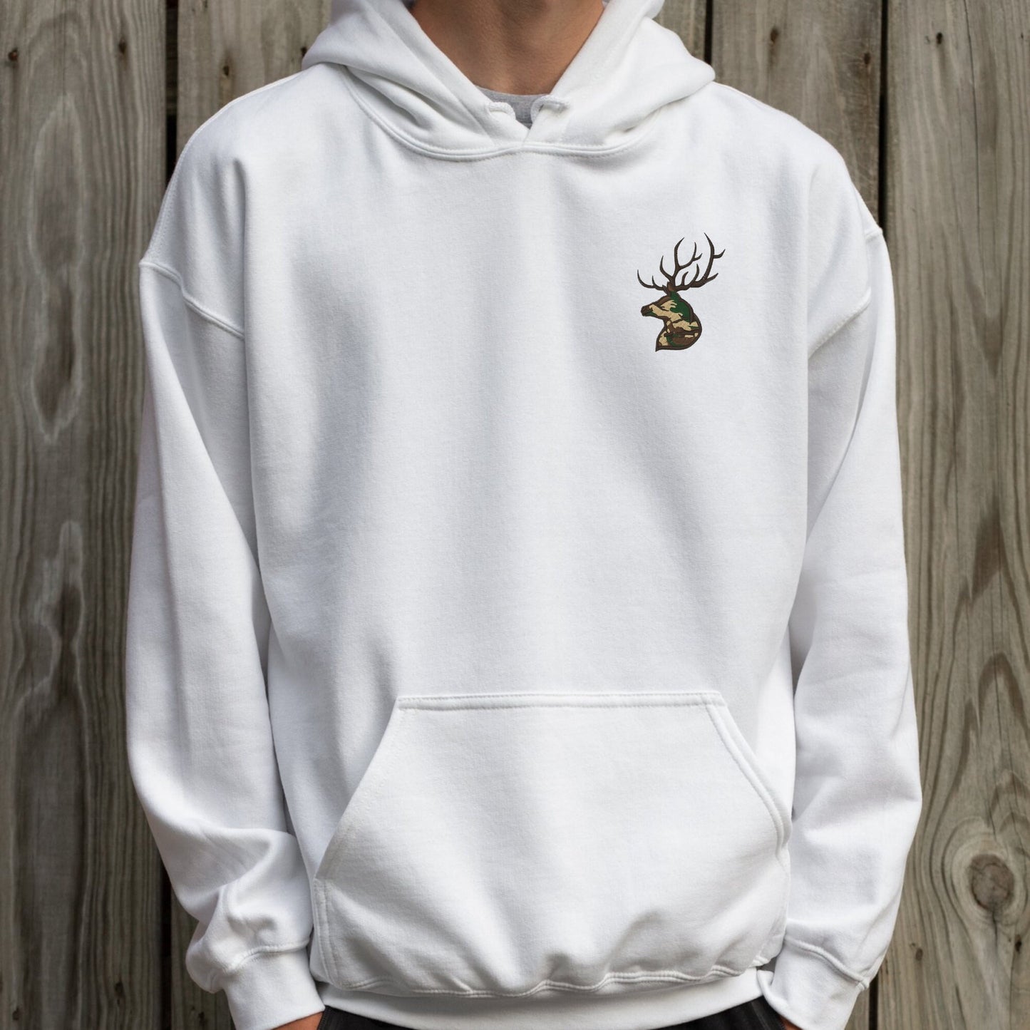 Embroidered Hunting Camo Deer Hoodie: Buck Pullover