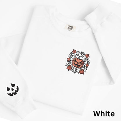 Embroidered Classic Jack O' Lantern Face Spooky Scrollwork Sweatshirt: Pigment Dyed Gothic Halloween Pumpkin Motif Pullover