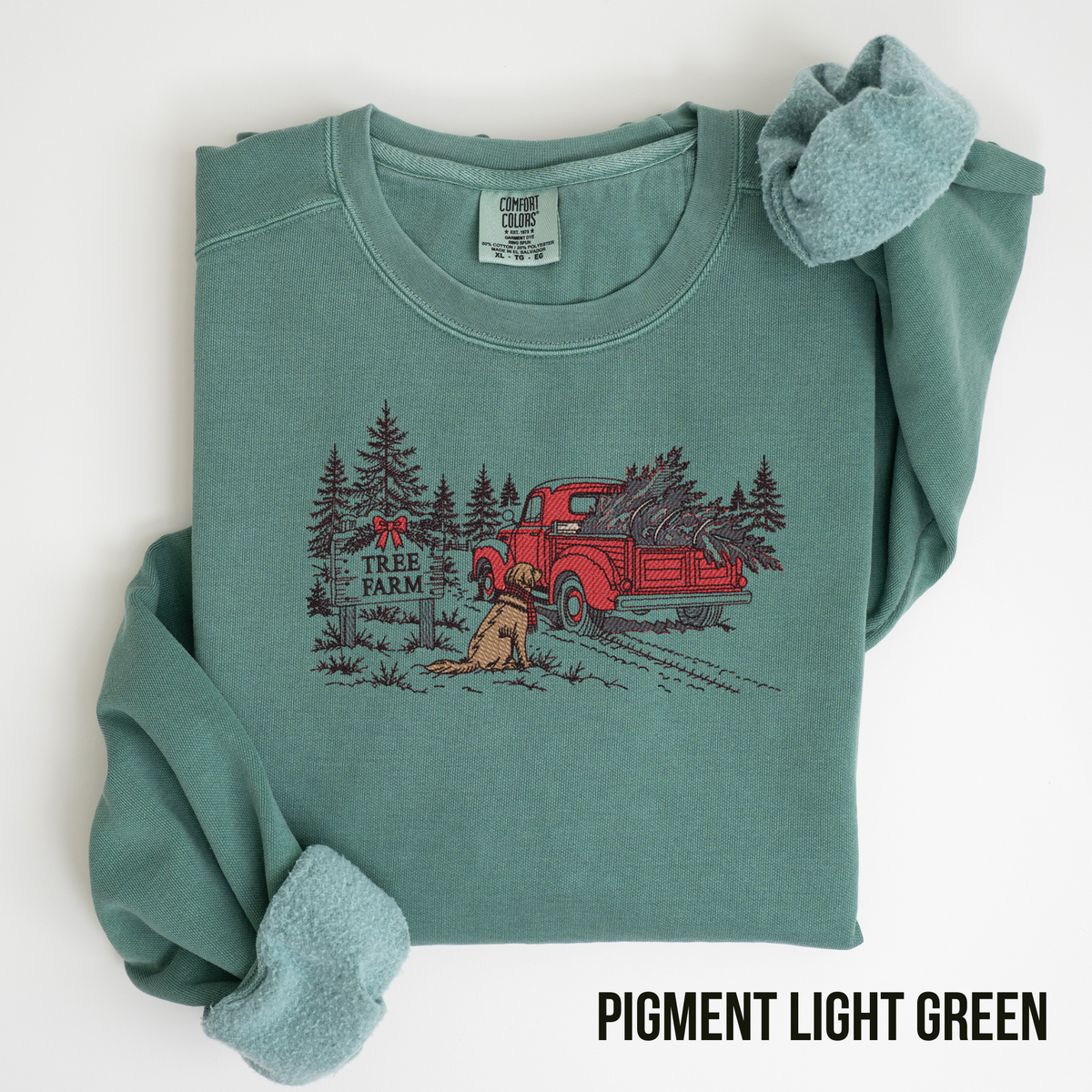 Embroidered Christmas Tree Farm Line Art Crewneck Sweatshirt: Pigment Dyed Comfort Colors