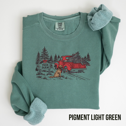 Embroidered Christmas Tree Farm Line Art Crewneck Sweatshirt: Pigment Dyed Comfort Colors