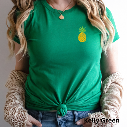 Women’s embroidered pineapple tshirt, white tropical tee, stitched pineapple shirt