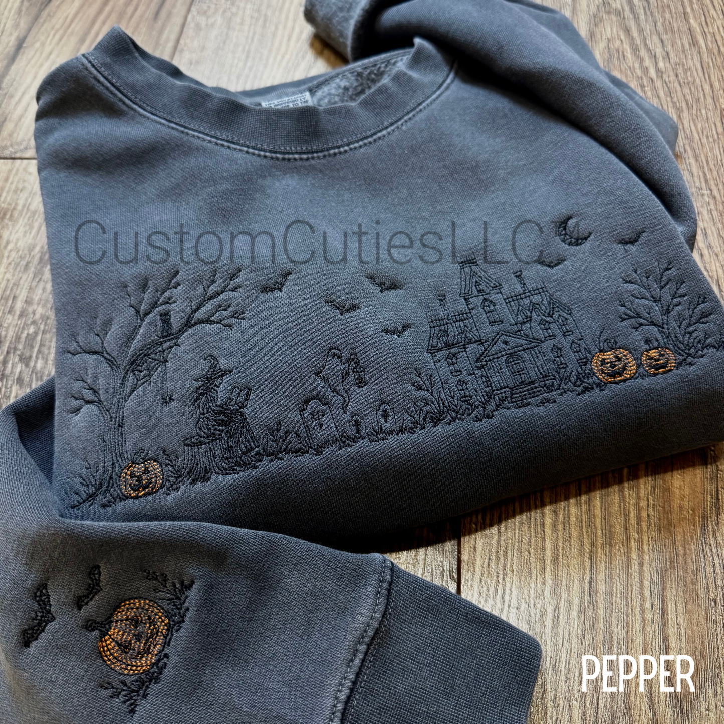 Embroidered Haunted Manor Halloween Crewneck Sweatshirt: Pigment Dyed Sketched Line Art Pullover