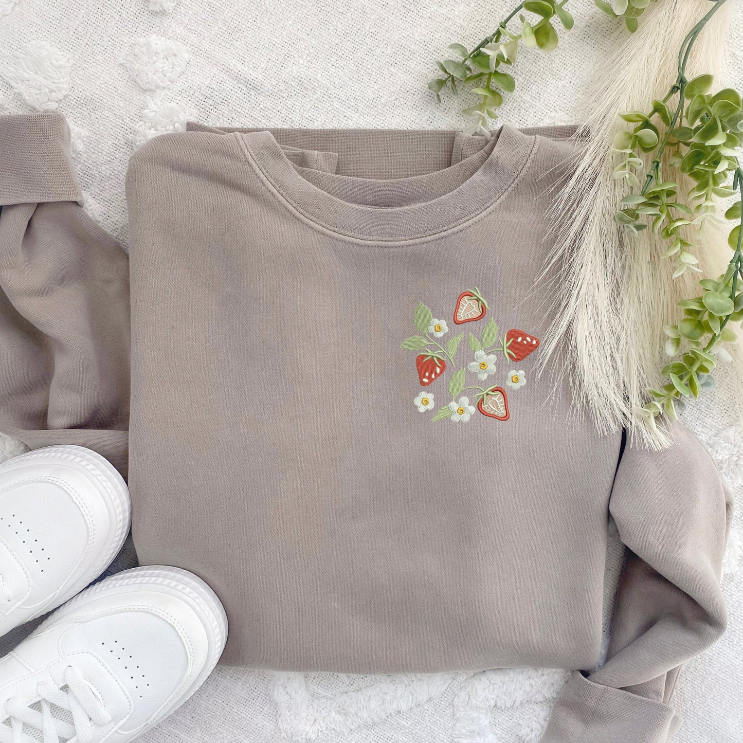 Embroidered Strawberry Field Sweatshirt: Pigment Dyed Crewneck Pullover