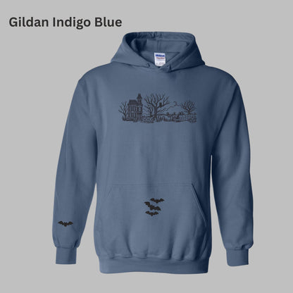 Embroidered Haunted House Hoodie with Bat Sleeve and Kangaroo Pocket: Gildan Hooded Sweatshirt