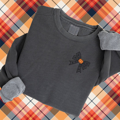 Halloween Coquette Sweatshirt: Embroidered Lacey Spider Bow & Pumpkin - Pigment Dyed