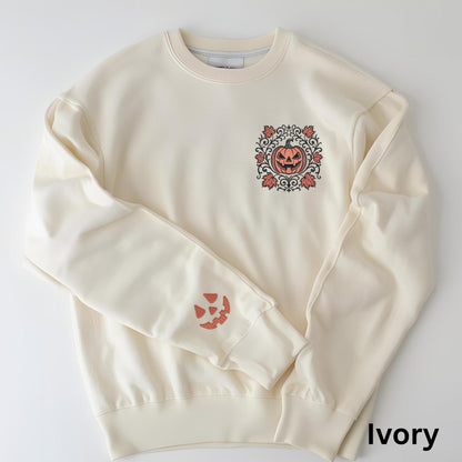 Embroidered Classic Jack O' Lantern Face Spooky Scrollwork Sweatshirt: Pigment Dyed Gothic Halloween Pumpkin Motif Pullover