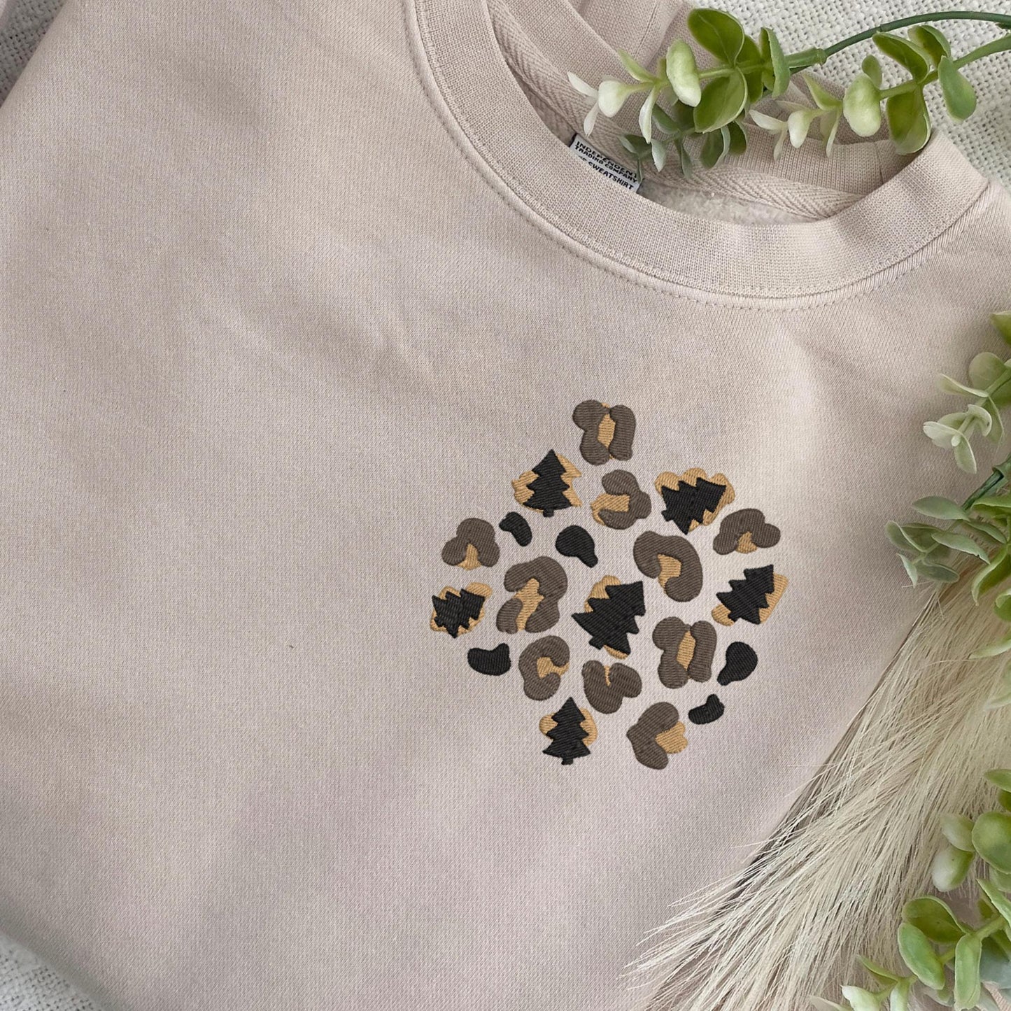 Embroidered Christmas Cheetah Print Crewneck Sweatshirt: Pigment Dyed Tree Leopard Print Pullover