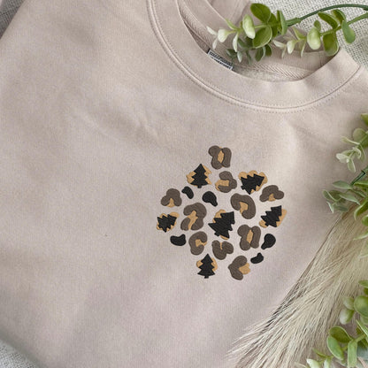 Embroidered Christmas Cheetah Print Crewneck Sweatshirt: Pigment Dyed Tree Leopard Print Pullover