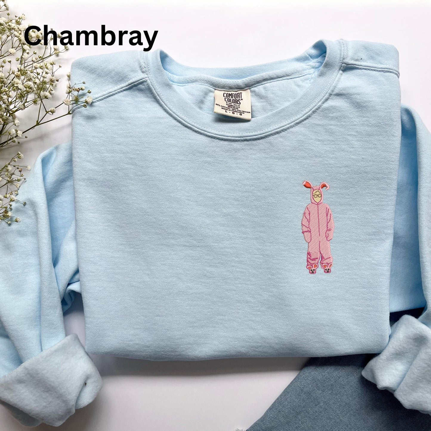 Embroidered Christmas Story Pigment Dyed Crewneck Sweatshirt: A Christmas Story Ralphie in Pink Bunny Costume