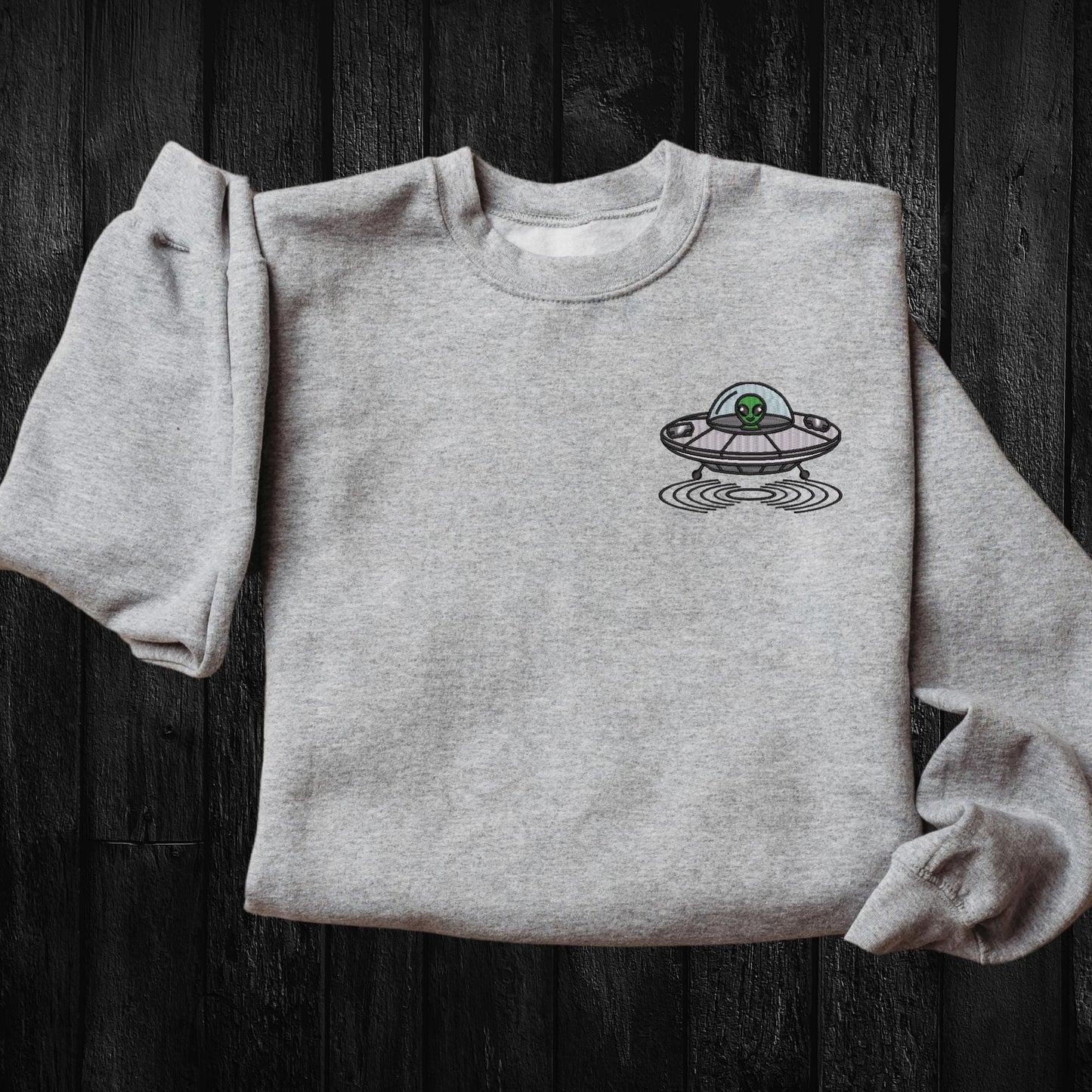 Embroidered Alien Sweatshirt: UFO Spaceship Crewneck Pullover