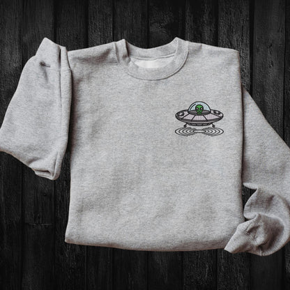 Embroidered Alien Sweatshirt: UFO Spaceship Crewneck Pullover
