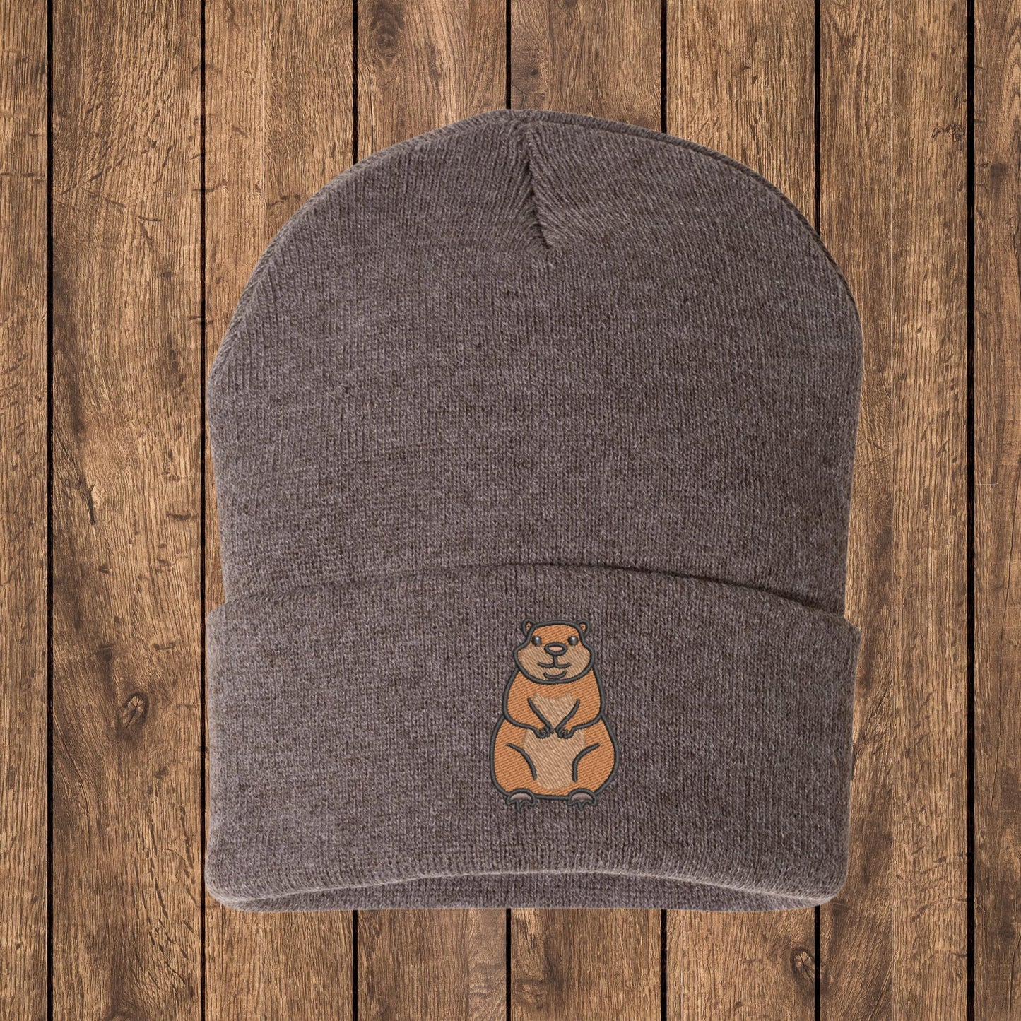 Embroidered Groundhog Beanie: Knit Woodland Animal Skull Cap