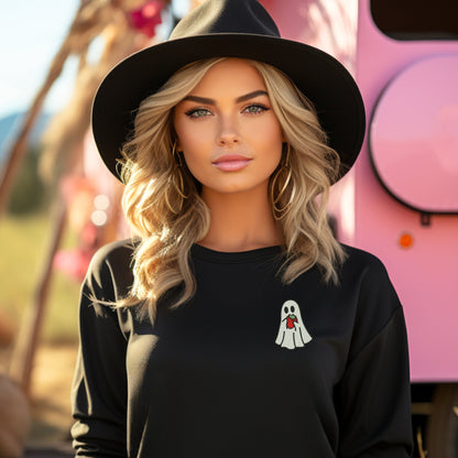 Embroidered Ghost Holding a Strawberry Crewneck Sweatshirt: Trendy Halloween Pullover