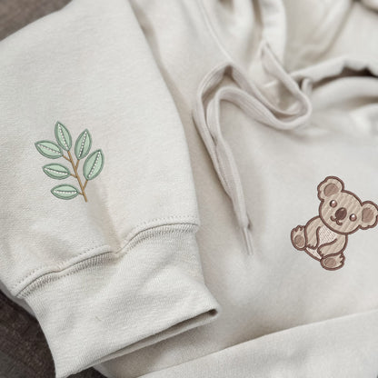 Embroidered Koala Hoodie: Eucalyptus Sleeve, Aussie Animal Lover Gift