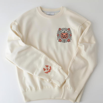 Embroidered Classic Jack O' Lantern Face Spooky Scrollwork Sweatshirt: Pigment Dyed Gothic Halloween Pumpkin Motif Pullover