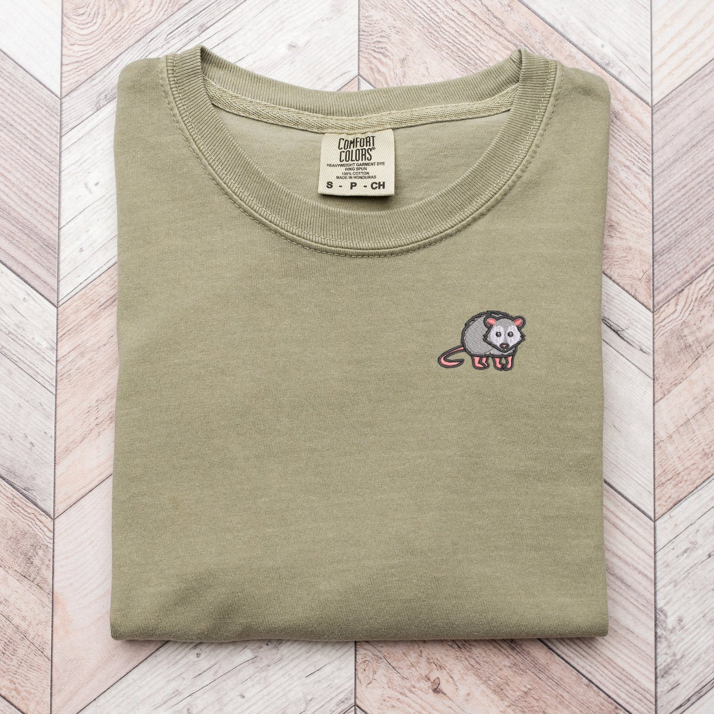 Embroidered Opossum Pigment Dyed T-shirt: Unisex Woodland Animal Tee