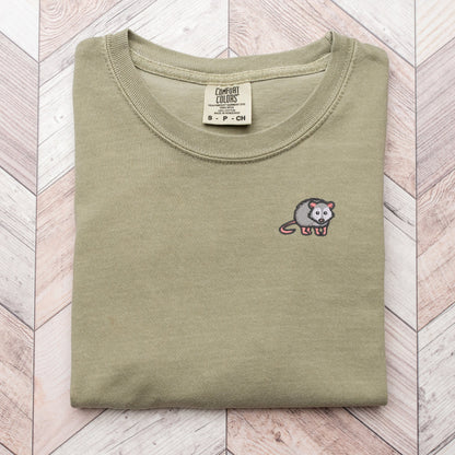 Embroidered Opossum Pigment Dyed T-shirt: Unisex Woodland Animal Tee