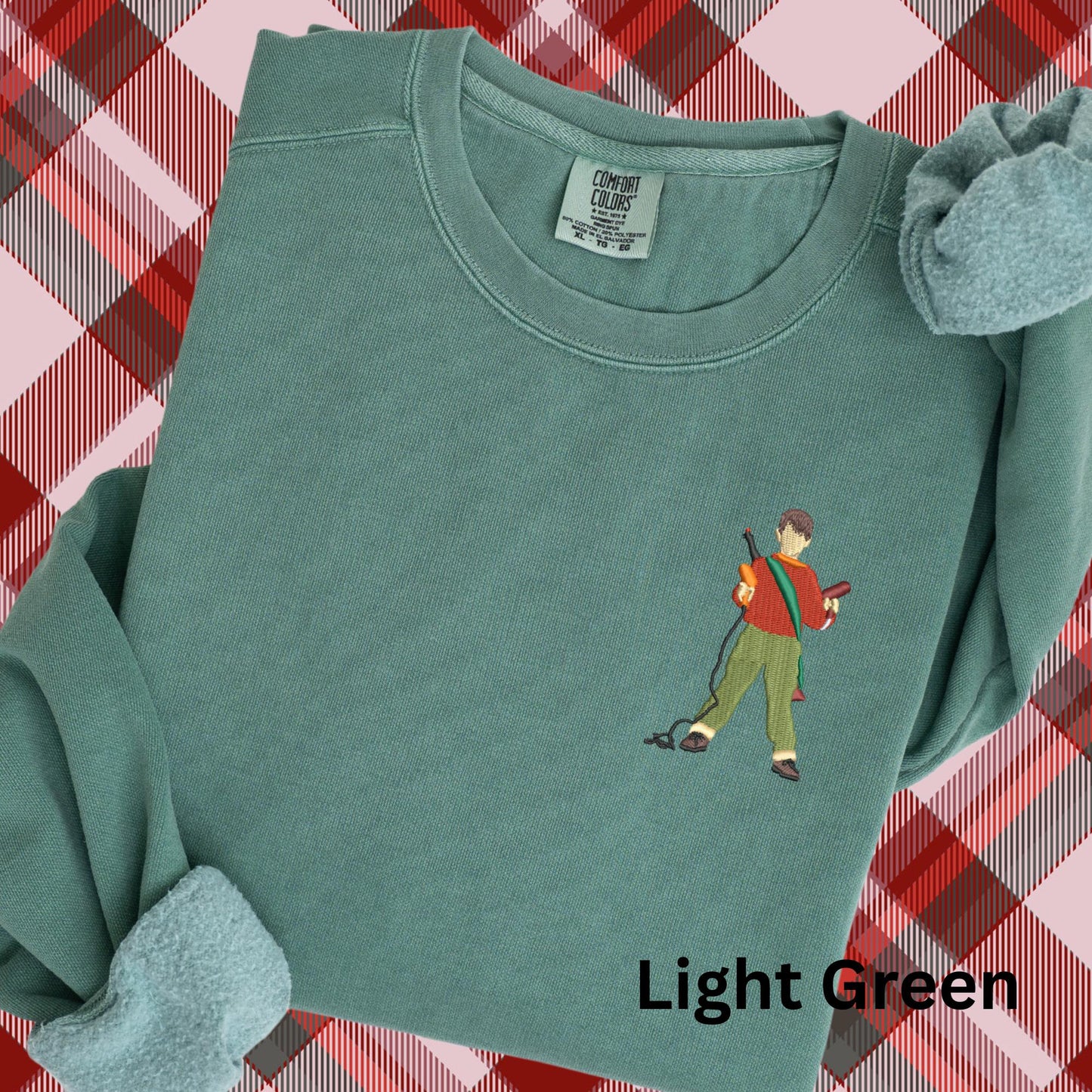 Embroidered Home Alone Movie Pigment Dyed Crewneck Sweatshirt: Minimalist Kevin Christmas Pullover