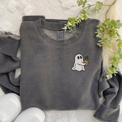 Embroidered Ghost Carrying Pineapple Pigment Dyed Crewneck Sweatshirt